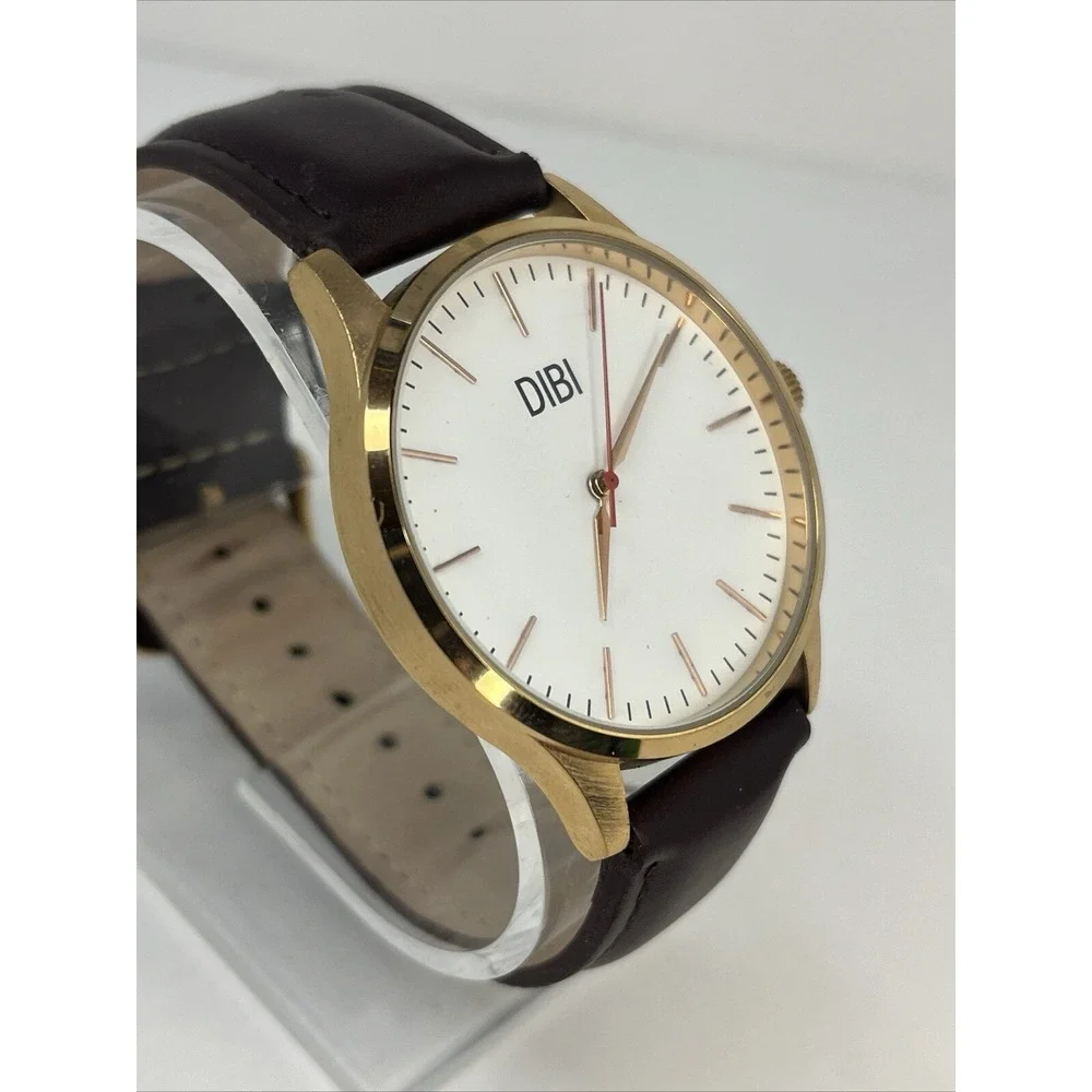 DIBI Men's White Round Dial Rose Gold Tone Brown Faux Leather Watch- New Battery